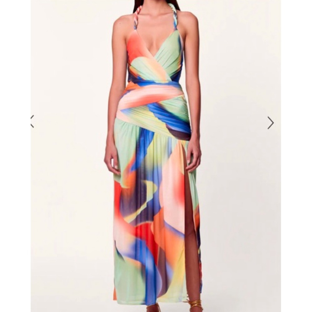Nicholas The Label Multicolor Abstract Mesh Halter Maxi Dress Braided Straps e5